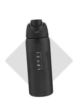 A black LEVEL branded water bottle